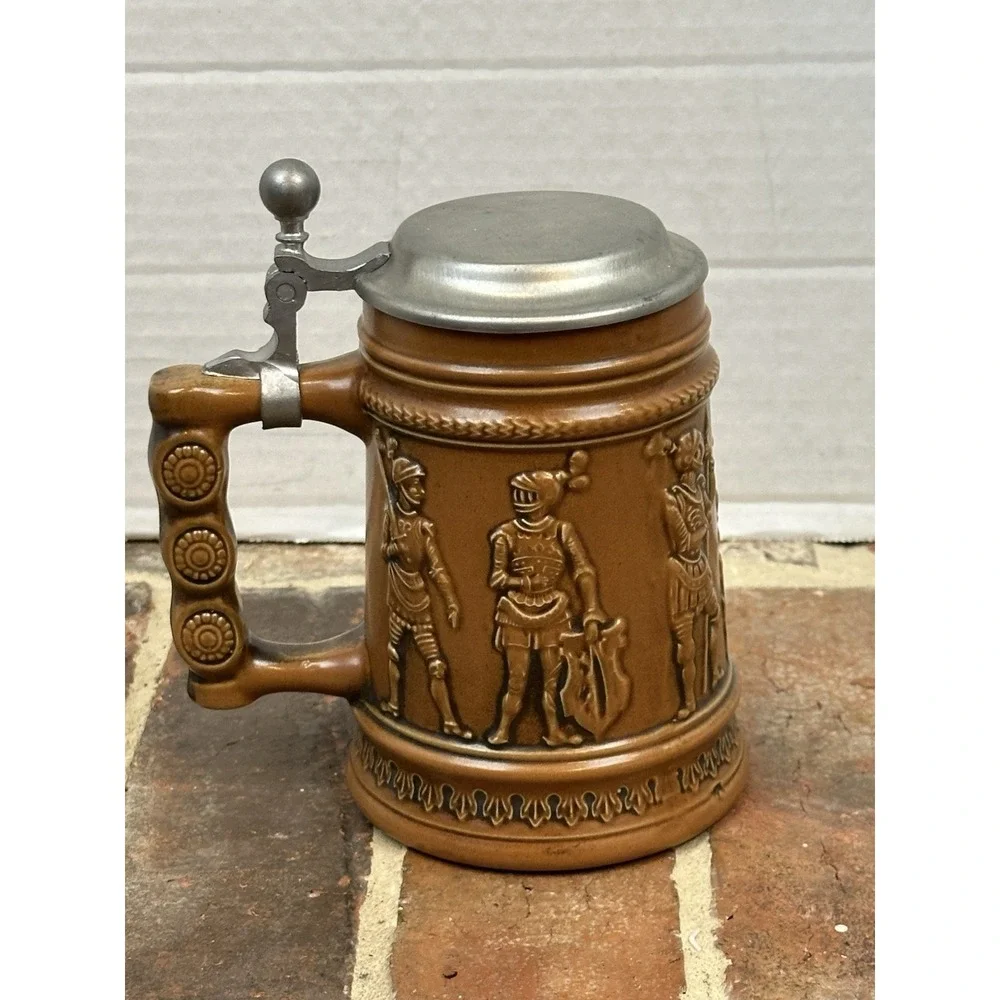 Vintage W. German Gerzit Beer Stein Pewter Hinge Lid Molded Men in Armor Knights